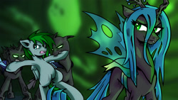 Size: 1920x1080 | Tagged: safe, artist:darrianmh, queen chrysalis, oc, changeling, changeling queen, changeling feeding, changeling hive, kitchen eyes, prisoner, smiling