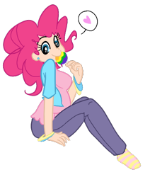 Size: 442x522 | Tagged: safe, artist:elslowmo, artist:jessy, pinkie pie, clothes, colored, food, heart, humanized, lollipop, missing shoes, socks, solo, striped socks