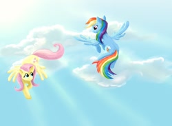 Size: 1050x768 | Tagged: safe, artist:cgskillz, fluttershy, rainbow dash, pegasus, pony, cloud, crepuscular rays, duo, duo female, female, flying, mare, sky, smiling, spread wings, wings