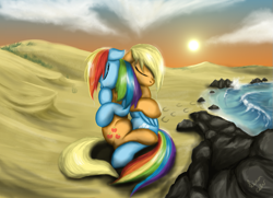 Size: 1011x731 | Tagged: safe, artist:leyanor, applejack, rainbow dash, earth pony, pegasus, pony, appledash, beach, female, hug, lesbian, shipping