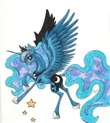 Size: 1024x1146 | Tagged: safe, artist:penkatshi, princess luna, alicorn, pony, galloping, solo, spread wings, traditional art