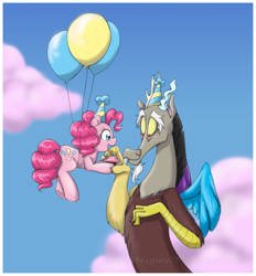 Size: 900x971 | Tagged: safe, artist:feujenny07, discord, pinkie pie, draconequus, earth pony, pony, balloon, cupcake, female, hat, male, party hat, then watch her balloons lift her up to the sky