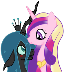 Size: 1482x1680 | Tagged: safe, artist:ashourii, princess cadance, queen chrysalis, alicorn, changeling, changeling queen, pony, cadalis, female, lesbian, shipping