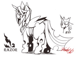 Size: 800x600 | Tagged: safe, artist:bloodycat, queen chrysalis, changeling, changeling queen, monochrome, pixiv, solo