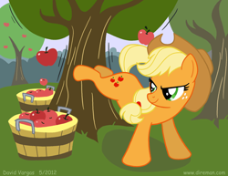 Size: 825x638 | Tagged: safe, artist:latecustomer, applejack, earth pony, pony, apple, apple tree, applebucking, applejack mid tree-buck facing the right with 3 apples falling down, applejack mid tree-buck with 3 apples falling down, falling, female, food, mare, solo, tree