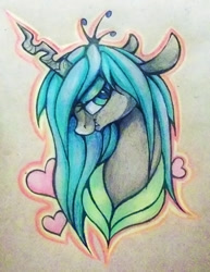 Size: 821x1066 | Tagged: safe, artist:twistedmindbrony, queen chrysalis, changeling, changeling queen, fangs, floppy ears, heart, portrait, solo, traditional art