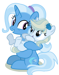 Size: 792x1009 | Tagged: safe, artist:bounswetie, artist:thatonecrazyartist18, derpibooru import, trixie, oc, oc:lunar rose, pony, unicorn, base used, duo, female, filly, flower, flower in hair, like mother like daughter, looking at each other, mare, mother and child, mother and daughter, next generation, offspring, older, older trixie, parent and child, parent:prince blueblood, parent:trixie, parents:bluetrix, simple background, sitting, transparent background