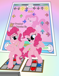 Size: 618x800 | Tagged: safe, artist:capnchryssalid, bubble berry, pinkie pie, earth pony, pony, bubblepie, dance dance revolution, female, male, rhythm game, rule 63, self ponidox, selfcest, shipping, stepmania, straight, trotmania