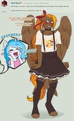 Size: 2000x3284 | Tagged: safe, artist:askbubblelee, oc, oc only, oc:bubble lee, oc:imago, oc:singe, anthro, pegasus, unguligrade anthro, unicorn, anthro oc, clothes, cousins, crossdressing, cute, deviantart, dialogue, female, freckles, lipstick, male, mare, ocbetes, open mouth, skirt, smiling, stallion, stockings, suspenders, thigh highs