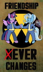 Size: 768x1280 | Tagged: safe, artist:lima-hibiki, derpibooru import, trixie, twilight sparkle, twilight sparkle (alicorn), alicorn, pony, fallout, female, mare, parody, vault boy, vault suit, videogame meme, war never changes