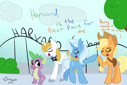 Size: 1024x683 | Tagged: safe, artist:lynchristina, derpibooru import, applejack, prince blueblood, rarity, spike, trixie, dragon, earth pony, pony, unicorn, female, harvard university, legally blonde, mare, parody