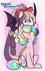 Size: 2000x3149 | Tagged: safe, artist:xwhitedreamsx, oc, oc only, oc:paper stars, oc:sweet velvet, bat pony, pony, amputee, bow, clothes, colored pupils, cute, duo, female, gift art, hair bow, looking up, mare, ocbetes, paperbetes, stockings, stump, thigh highs