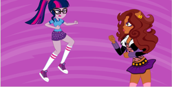 Size: 1285x653 | Tagged: safe, artist:conikiblasu-fan, sci-twi, twilight sparkle, werewolf, equestria girls, legend of everfree, animated at source, camp everfree outfits, carla castañeda, catfight, clawdeen wolf, clothes, converse, crossover, fangs, fight, glasses, midriff, monster high, raised leg, shoes, shorts, skirt, sneakers, socks, thigh highs, thighs, voice actor joke