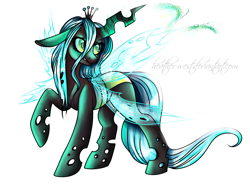 Size: 1600x1200 | Tagged: safe, artist:heather-west, queen chrysalis, changeling, changeling queen, floppy ears, frown, looking back, raised hoof, solo