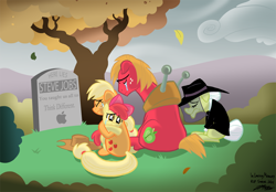 Size: 1000x696 | Tagged: safe, artist:willdrawforfood1, apple bloom, applejack, big macintosh, granny smith, earth pony, pony, apple (company), bow, cowboy hat, falling leaves, female, filly, funeral, grave, grave meme, gravestone, hat, implied death, logo, male, mare, memorial, sad, stallion, steve jobs, tree