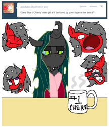 Size: 460x535 | Tagged: safe, artist:thecherrysodaaskblog, queen chrysalis, oc, oc:cherry soda, changeling, changeling queen, annoyed, clothes, coffee, robe, sweetie derelle, tired, tumblr, tumblr:thecherrysodaaskblog