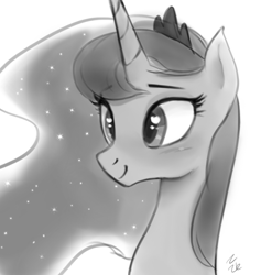 Size: 655x662 | Tagged: safe, artist:ehfa, princess luna, alicorn, pony, bust, cute, female, grayscale, heart eyes, lunabetes, mare, monochrome, portrait, simple background, smiling, solo, white background, wingding eyes