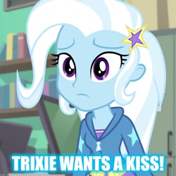 Size: 1080x1080 | Tagged: safe, derpibooru import, trixie, better together, equestria girls, forgotten friendship, bronybait, canterlot high, lonely, meme, third person