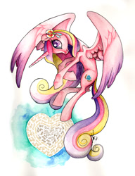 Size: 600x780 | Tagged: safe, artist:ladyamaltea, princess cadance, alicorn, pony, heart, solo, spread wings, traditional art