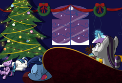 Size: 4928x3383 | Tagged: safe, artist:kired25, night light, shining armor, twilight sparkle, twilight velvet, pony, unicorn, christmas, christmas lights, christmas ornament, christmas tree, filly, foal, holiday, sleeping, snow, snowfall, spit take, tree, younger