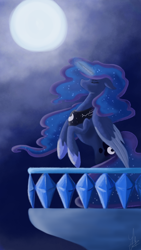 Size: 1024x1820 | Tagged: safe, artist:kampfkex, princess luna, alicorn, pony, balcony, eyes closed, floppy ears, full moon, magic, moon, night, rearing, solo