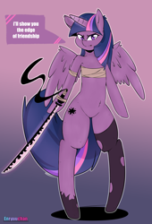 Size: 3000x4400 | Tagged: safe, artist:enryuuchan, twilight sparkle, twilight sparkle (alicorn), alicorn, pony, semi-anthro, absurd resolution, angry, bandeau, belly button, bipedal, clothes, dialogue, katana, looking at you, magic, solo, stockings, sword, thigh highs, weapon