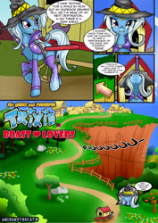 Size: 1860x2622 | Tagged: safe, artist:anibaruthecat, derpibooru import, trixie, pony, unicorn, comic:boast lovers, :3, :<, bedroom eyes, cloak, clothes, comic, eyeshadow, female, hat, horn ring, makeup, mare, open mouth, ponyville, raised hoof, smiling, socks, solo, stockings, trixie's wagon, unamused, walking