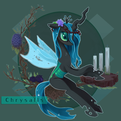 Size: 1417x1417 | Tagged: safe, artist:mirululu, queen chrysalis, changeling, changeling queen, candle, female, horn, solo