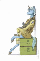 Size: 522x800 | Tagged: dead source, safe, artist:adeptus-monitus, derpibooru import, trixie, anthro, unguligrade anthro, unicorn, alternate hairstyle, army, assault rifle, automatic rifle, bipedal, box, clothes, eyes closed, female, gun, hoers, mare, military, military uniform, nap, profile, rifle, simple background, sitting, sleeping, solo, uniform, weapon, white background