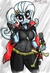 Size: 1093x1567 | Tagged: safe, artist:flutterthrash, derpibooru import, trixie, equestria girls, bone, cape, clothes, costume, devil horn (gesture), halloween, heavy metal, king diamond, makeup, microphone, nightmare night, rock, solo