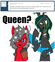 Size: 454x513 | Tagged: safe, artist:thecherrysodaaskblog, queen chrysalis, oc, oc:cherry soda, changeling, changeling queen, confused, looking at you, tumblr, tumblr:thecherrysodaaskblog