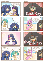 Size: 1480x2071 | Tagged: safe, artist:howxu, fluttershy, king sombra, princess cadance, princess celestia, princess luna, twilight sparkle, human, unicorn, series:my little kindergarten, 4koma, blushing, clothes, comic, cute, dress, engrish, humanized, maid, shyabetes, twiabetes