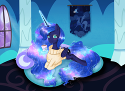 Size: 2860x2080 | Tagged: safe, artist:moonlightprincess002, princess luna, alicorn, pony, clothes, coffee, sweater, winter