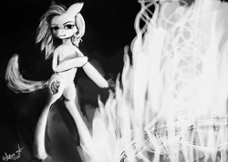 Size: 1024x731 | Tagged: safe, artist:lacayra, derpibooru import, trixie, pony, unicorn, female, fire, grayscale, mare, solo