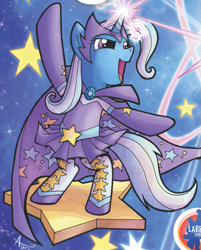 Size: 675x840 | Tagged: safe, derpibooru import, idw, trixie, pony, unicorn, spoiler:comic, spoiler:comic18, clothes, costume, solo, superhero