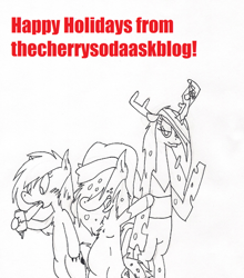 Size: 500x567 | Tagged: safe, artist:thecherrysodaaskblog, queen chrysalis, oc, oc:cherry soda, oc:kitty kat, changeling, changeling queen, hybrid, antlers, can, christmas, christmas cards, hat, holiday greeting, soda, tongue frozen, tumblr, tumblr:thecherrysodaaskblog, waving