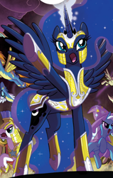 Size: 1256x1970 | Tagged: safe, derpibooru import, idw, princess luna, soarin', spitfire, trixie, alicorn, pony, unicorn, spoiler:comic, spoiler:comic08, armor, royal guard