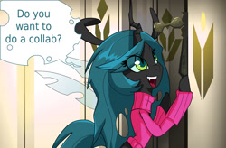 Size: 1280x841 | Tagged: safe, artist:jokerpony, queen chrysalis, changeling, changeling queen, ask teen chrysalis, clothes, do you want to build a snowman, frozen (movie), song reference, sweater