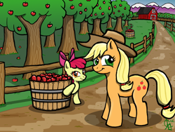 Size: 1024x768 | Tagged: safe, artist:godofirony, apple bloom, applejack, earth pony, pony, apple, fence, food, looking at you, orchard