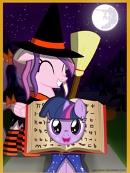 Size: 900x1200 | Tagged: safe, artist:ponyecho, princess cadance, twilight sparkle, alicorn, pony, book, bookhorse, clothes, costume, cute, filly, filly twilight sparkle, nightmare night, show accurate, spellbook, that pony sure does love books, trick or treat, twiabetes, witch, younger