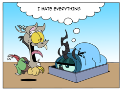 Size: 800x599 | Tagged: safe, artist:peachiekeenie, artist:tarajenkins, discord, queen chrysalis, changeling, changeling queen, blanket, discorderlyconduct, garfield, i hate mondays, jim davis, odie, open mouth, parody, prone, smiling, style emulation, thought bubble, tongue out, unamused, wide eyes