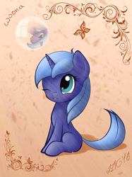 Size: 833x1111 | Tagged: safe, artist:zigword, princess luna, alicorn, butterfly, pony, bubble, cute, filly, lunabetes, missing wing, reflection, solo, unicorn luna, wingless, woona