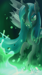 Size: 1688x3000 | Tagged: safe, artist:amura-of-jupiter, queen chrysalis, changeling, changeling queen, jumping, open mouth, prancing, raised hoof, solo