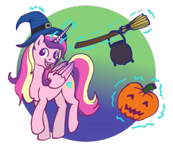 Size: 787x668 | Tagged: safe, artist:haretrinity, princess cadance, alicorn, pony, broom, hat, jack-o-lantern, magic, pumpkin, simple background, solo, telekinesis, transparent background, witch hat