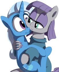 Size: 650x793 | Tagged: safe, artist:foudubulbe, derpibooru import, maud pie, trixie, pony, unicorn, carrying, eye contact, female, hand, lesbian, mare, mauxie, shipping, simple background, smiling, suddenly hands, wat, when you see it, white background