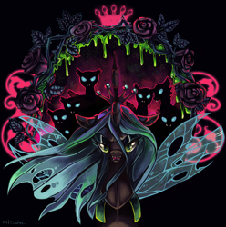 Size: 1652x1663 | Tagged: dead source, safe, artist:matrosha123, queen chrysalis, changeling, changeling queen, glowing eyes, rose, spread wings