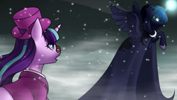 Size: 3200x1803 | Tagged: dead source, safe, artist:ponyinsideme, princess luna, snowfall frost, starlight glimmer, alicorn, pony, a hearth's warming tail, cloak, clothes, magic, snow, snowfall, spirit of hearth's warming yet to come