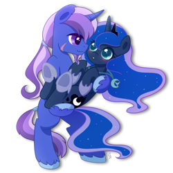 Size: 894x894 | Tagged: safe, artist:exceru-karina, princess luna, oc, oc:azure night, alicorn, pony, azuna, blushing, bridal carry, canon x oc, carrying, cute, lunabetes, necklace, shipping