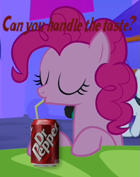 Size: 437x553 | Tagged: safe, pinkie pie, earth pony, pony, dr pepper, female, mare, pink coat, pink mane, solo, text