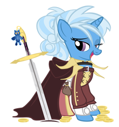 Size: 1000x1069 | Tagged: safe, artist:pixelkitties, derpibooru import, trixie, pony, unicorn, ursa minor, alternate hairstyle, anna (fire emblem), clothes, costume, female, fire emblem, fire emblem: awakening, lidded eyes, mare, nightmare night, open mouth, simple background, solo, sword, transparent background